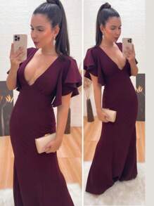 Long Crepe Dress With Ruffles On The Sleeve Solid Color Formal Fashion Women's Prom - 酒紅色 - 查看 2