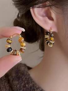 1 paire de boucles d'oreilles de haute qualité en pierre d'œil de tigre rétro