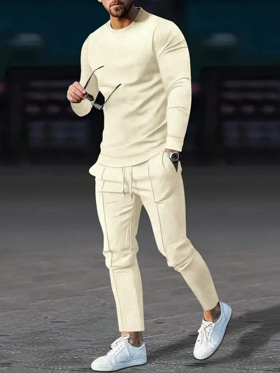 2 Pcs Men's Comfort Waffle Knit Jogger Set - Relaxed Crew Neck Sweatshirt And Drawstring Pants - Apricot - View 1