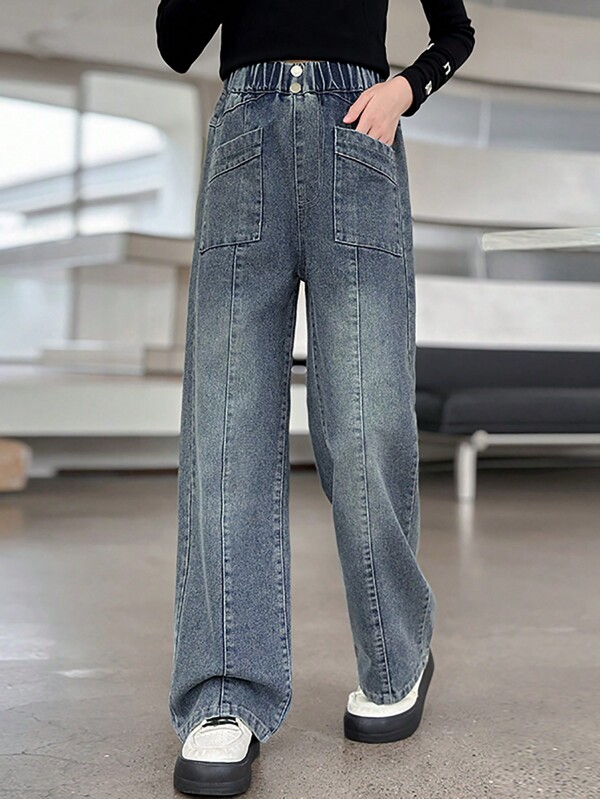 Girls' Fashion Patchwork Pocket Wide-Leg Jeans, Casual Summer Mid-Size Children Denim Pants