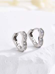 1 Đôi bông tai bạc 925 đính đá Cubic Zirconia hình trái tim, kiểu dáng tinh tế, đa năng, thích hợp làm quà tặng cho bạn gái/bạn thân. - bông tai hình trái tim - Xem 1