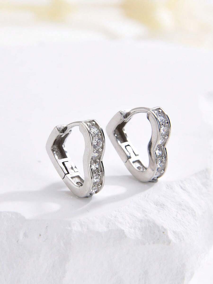 1 Đôi bông tai bạc 925 đính đá Cubic Zirconia hình trái tim, kiểu dáng tinh tế, đa năng, thích hợp làm quà tặng cho bạn gái/bạn thân. - bông tai hình trái tim - Xem 1
