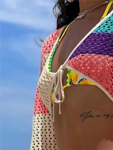 Knit Long Sleeve Color Block Crop Kimono Top, For Summer Beach Vacation - Multicolor - View 2