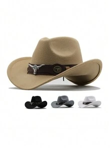 1 pieza Sombrero vaquero con ala, gorra ranchera tejida retro al estilo occidental - color sólido - Ver 1