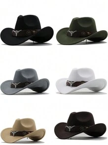 1 pieza Sombrero vaquero con ala, gorra ranchera tejida retro al estilo occidental - color sólido - Ver 3