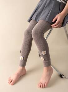 2 件装女童罗纹花卉装饰七分紧身裤，公主风格休闲裤，适合日常穿着，适合上学季节，与运动鞋或平底鞋完美搭配