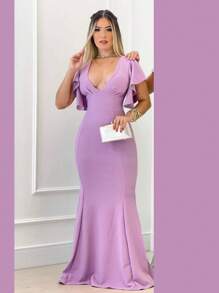 Long Crepe Dress With Ruffles On The Sleeve Solid Color Formal Fashion Women's Prom - 中紫紅色 - 查看 1