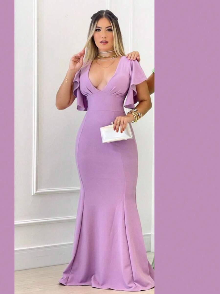 Long Crepe Dress With Ruffles On The Sleeve Solid Color Formal Fashion Women's Prom - 中紫紅色 - 查看 1