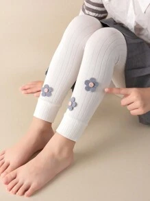 2 件装女童罗纹花卉装饰七分紧身裤，公主风格休闲裤，适合日常穿着，适合上学季节，与运动鞋或平底鞋完美搭配