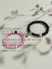 2pcs Classic Heart Magnetic Clasp Bracelet Set, Turquoise Represents Luck & Success, Crystal Energy Stone Bracelet, Friendship/Couple Valentine's Gift, Daily Accessory, 8mm Beads Crystal Bracelet Set - Multicolor - View 4