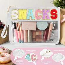 1 件女士防水 PVC 化妆包带字母设计，大容量零食拉链袋适合户外旅行，便携式手拿包收纳袋，不含甲醛