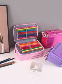 1个四层大容量带提手铅笔盒，便携式办公学习文具收纳盒，个性化心形拉链设计 - 必备返校用品，铅笔袋，背包 - 彩色 - 查看 4