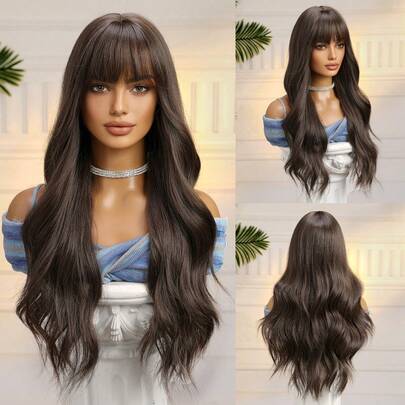 HAIRCUBE 26 英寸长卷发假发带刘海棕色波浪假发女士合成假发适合女孩日常派对使用黑色耐热长卷发波浪假发