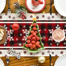 1pc Buffalo Plaid Snowflake Christmas Table Runner, Linen Material, Seasonal Winter Kitchen Dining Table Decor, Suitable For Home Party Decoration - Red - View 7