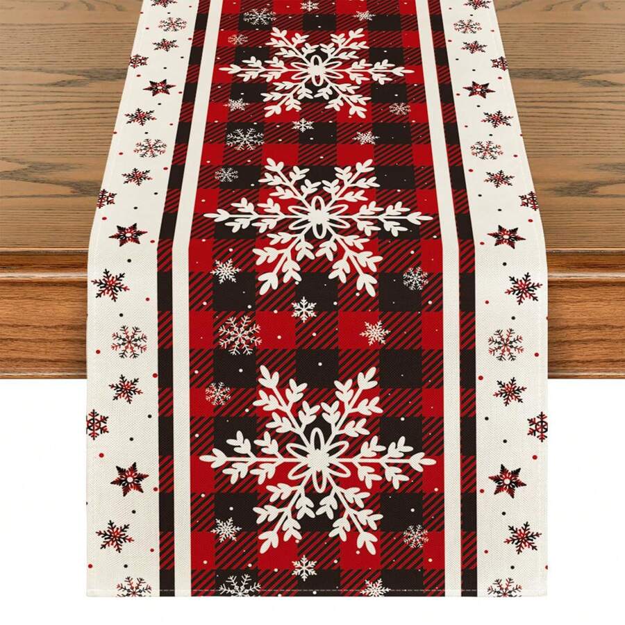 1pc Buffalo Plaid Snowflake Christmas Table Runner, Linen Material, Seasonal Winter Kitchen Dining Table Decor, Suitable For Home Party Decoration - Red - View 1