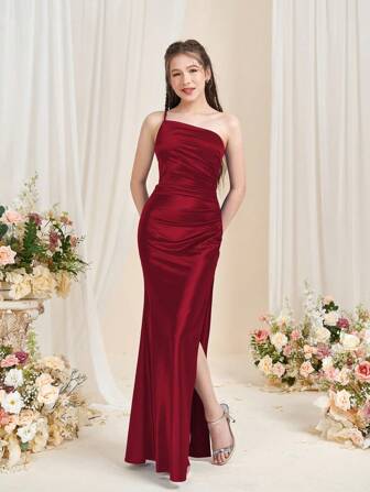 少女单肩高开衩晚礼服 | 美人鱼礼服，适合选美活动、婚礼宾客着装、毕业典礼、红毯活动和剧院之夜