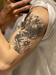 1Pc Koi Phong Cách Nhật Bản Hình Xăm Tạm Thời Không Thấm Nước Chống Mồ Hôi Kéo Dài Trong 1-2 Tuần Nước ép thảo dược thực tế Không phản chiếu Giả màu đen giả Hình xăm giả cho nam và nữ Hình xăm dán cho cánh tay, ngực, eo, lưng, bụng, chân Nghệ thuật cơ thể hiện đại - màu đen - Xem 2