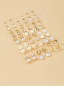 30pcs/Set Elegant Minimalist Metal Faux Pearl Floral, Heart & Bow Rhinestone Stud Earrings Luxury Gift Set For Women