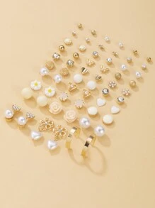 30pcs/Set Elegant Minimalist Metal Faux Pearl Floral, Heart & Bow Rhinestone Stud Earrings Luxury Gift Set For Women
