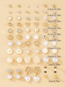 30pcs/Set Elegant Minimalist Metal Faux Pearl Floral, Heart & Bow Rhinestone Stud Earrings Luxury Gift Set For Women