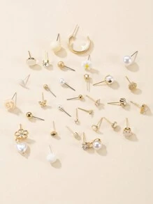 30pcs/Set Elegant Minimalist Metal Faux Pearl Floral, Heart & Bow Rhinestone Stud Earrings Luxury Gift Set For Women