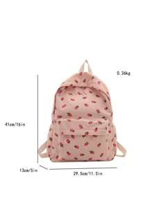 草莓印花简约大容量背包，时尚灯芯绒户外旅行包 - 粉色 - 查看 2