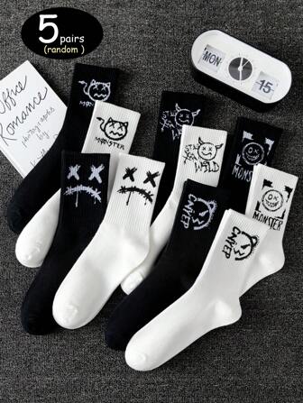 1/3/5/8/10/20 Pairs Random Ghost Face Versatile Mid-Calf Socks, Multi-Pack, All Seasons, Fall