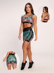 LOT FITNESS Women's Gym Set Fitness Top And Printed Shorts Invicta Collection Varied Prints - Màu xanh Ô liu - Xem 1