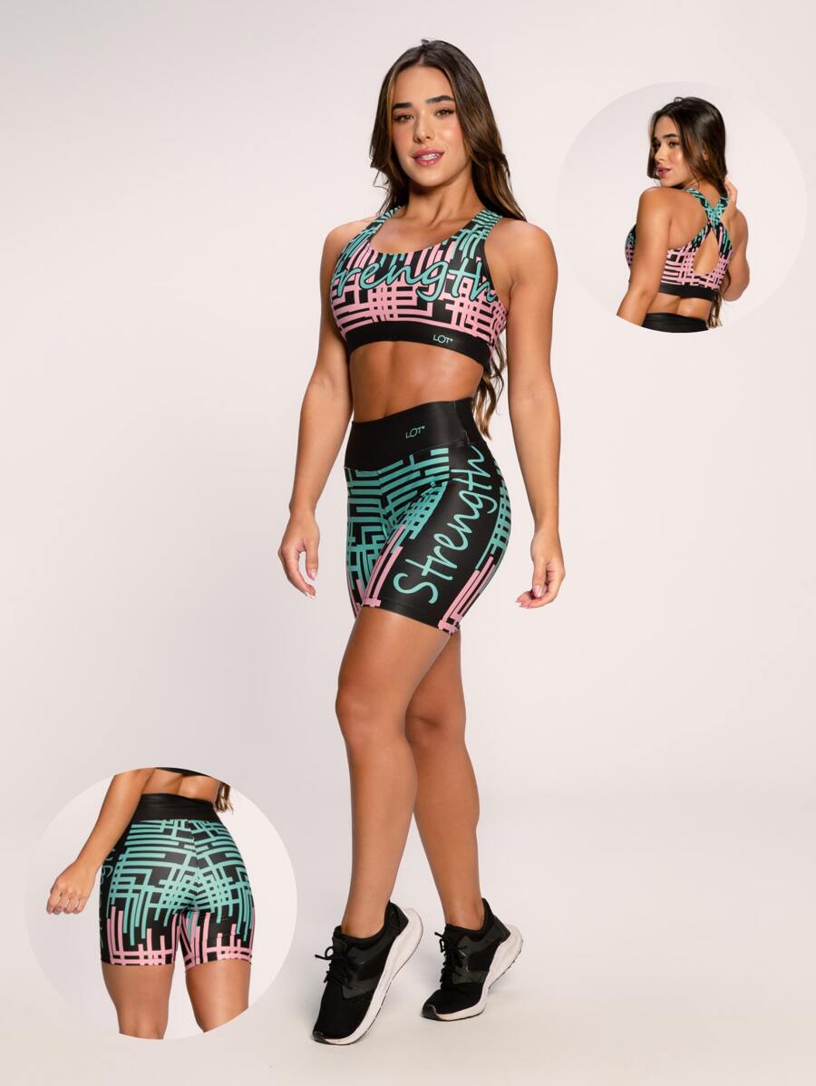 LOT FITNESS Women's Gym Set Fitness Top And Printed Shorts Invicta Collection Varied Prints - Màu xanh Ô liu - Xem 1