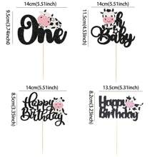 1 件奶牛生日快乐蛋糕装饰闪光农场动物奶牛蛋糕挑选性别揭示主题 1 岁生日派对蛋糕装饰用品，返校情人节 - 彩色 - 查看 2