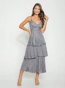 Vestido midi com saia de camadas em xadrez grid