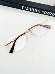 WOMEN'S RIMELESS EYEGLASSES FRAME OVAL KITTEN LAUNCH - 金色配咖啡 - 查看 5
