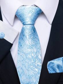 AlanKing 1 set Corbata azul, pañuelo de bolsillo y juego de gemelos para hombres, regalo para oficina, fiesta o boda