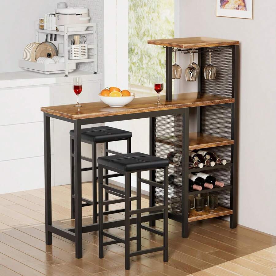 VECELO 3-Piece Bar Table Set With Storage Shelves And 2 PU Leather Bar Stools, Space-Saving Pub Dining Set For Kitchen Or Apartment - 棕色 - 查看 1