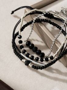 4pcs/Set Handmade Black Crystal Beads Miniature Bracelet Sets, Women's Fashion Jewelry For Holiday Party And Festival Gifts - Silver - View 4