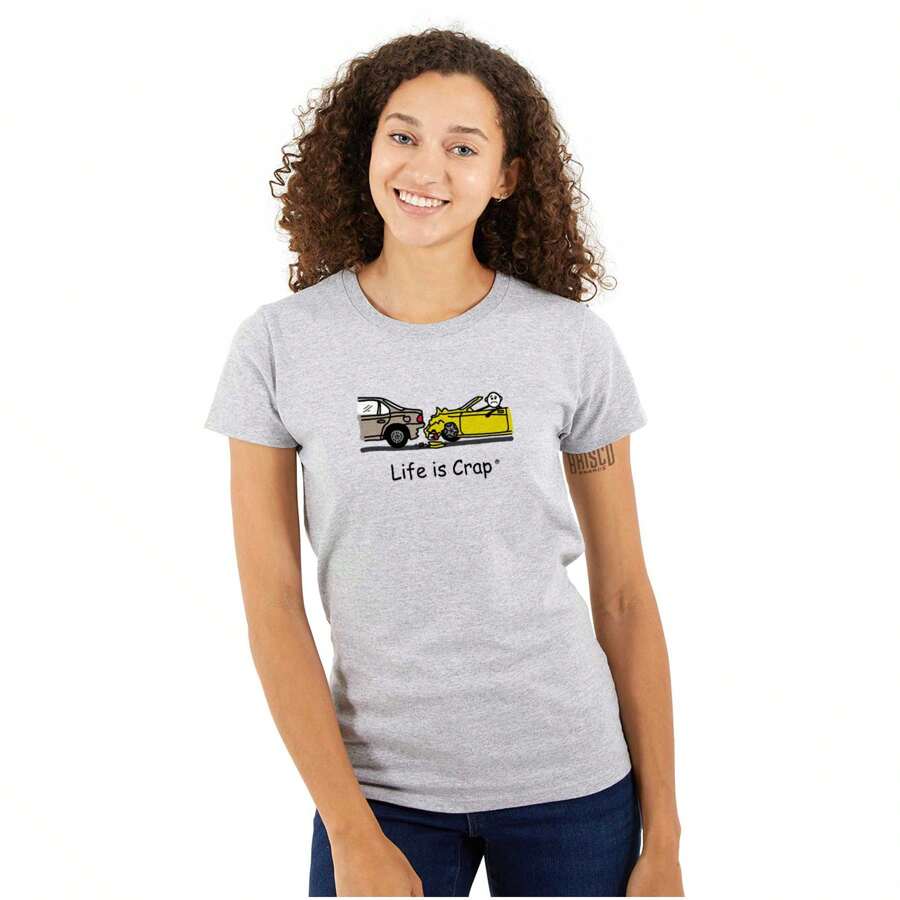 Life Is Crap Womens Fitted Graphic Tee Shirt Funny Car Accident Fail Sarcastic Unlucky Driving Humor Hilarious Relatable Joke Ladies Casual Slim Fit Fashion Cotton Printed Short Sleeve Crewneck Tshirt - Sport Grey - 查看 1