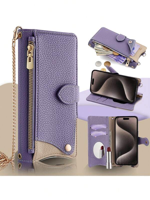 keyunfei حقيبة كروس بودي موضة مع سلسلة معدنية، مرآة مكياج، فتحات بطاقات، حامل مضاد للسقوط، محفظة سحاب متوافقة مع Apple 17 Pro/16 Pro، Galaxy A32 4G، OPPO A54، Moto G22، Honor X9b/Y9a، Pixel 7 Pro، Redmi Note 9 5G