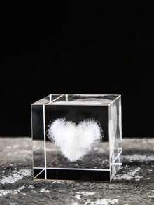 1pc Laser Engraved Crystal Glass Heart Shaped Decorative Cube Figurine - Multicolor - View 6
