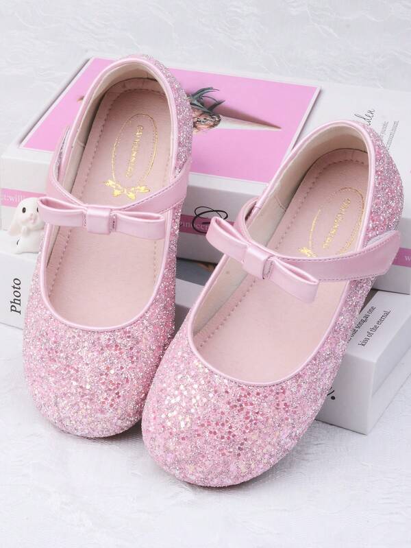 Zapatos de princesa para niños, zapatos planos de suela blanda para niñas con lazo, zapatos de vestir con lentejuelas (de Sk2405286857762367)