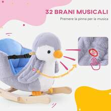 Cavallo a Dondolo a Forma di Pinguino in Peluche con 32 Musiche e Cintura di Sicurezza, Dondolo per Bambini da 18 Mesi - Grigio - Visualizzare 5