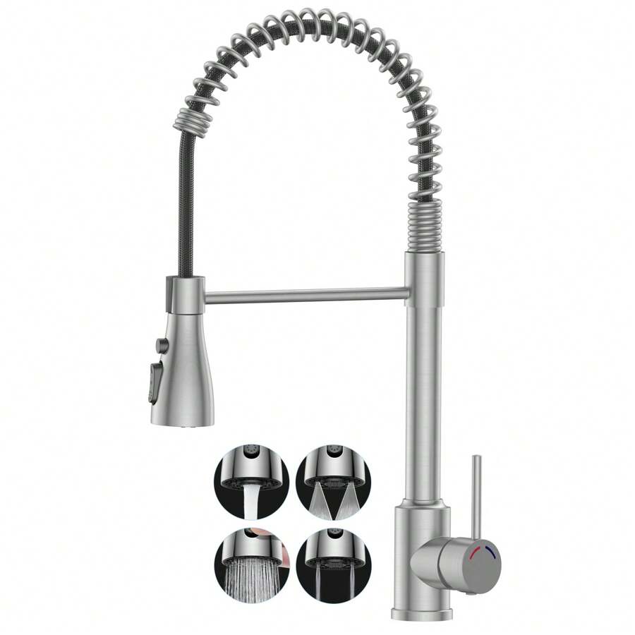 Spring Kitchen Sink Mixer Tap With Pull Down Spray, SREWOHS PRO 304 Stainless Steel, 4 Spray Modes, Pull Down Kitchen Faucet, Single Handle, High Arc, 360° Rotation, G3/8 For EU - 銀色 - 查看 1