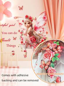 1pc Cute Fairy Butterfly Girl With English Slogan Wall Sticker Decal For Living Room, Bedroom Decor - Multicolor - View 5