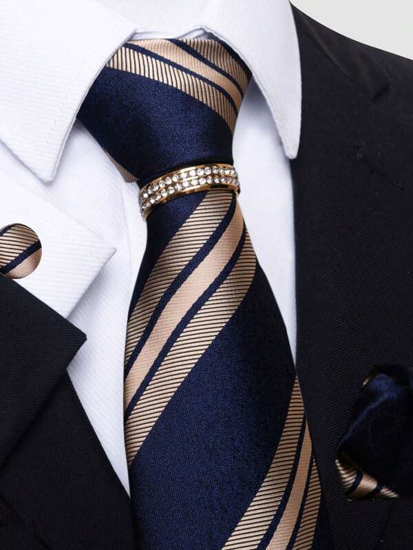 AlanKing 1 set Corbata para hombres rayado en dorado que incluye pañuelo, gemelos y clip de corbata, adecuado para bodas, disponibles en varios colores
