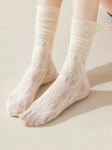 1 双女士春夏中筒袜公主款蕾丝褶边透气网眼吸汗舒适中筒袜 - 杏色 - 查看 2