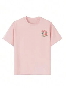 少女休闲草莓印花圆领短袖T恤，适合女孩和儿童，是夏季学生的理想之选——甜美的草莓图案，柔软舒适，适合日常穿着！图案T恤，夏季上衣 - 粉色 - 查看 3