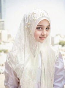 1pc Malaysian Tasseled Solid Color Beaded Floral Shawl Scarf Head Wrap, Elastic Turban Style, Muslim Headwear