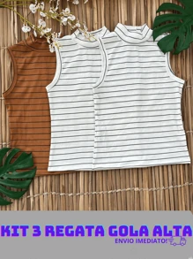 Kit 3 Women's Ribbed Tank Top High Neck Basic Blouse Casual T-Shirt Gringa Fashion - 2白色/1棕色 - 查看 1