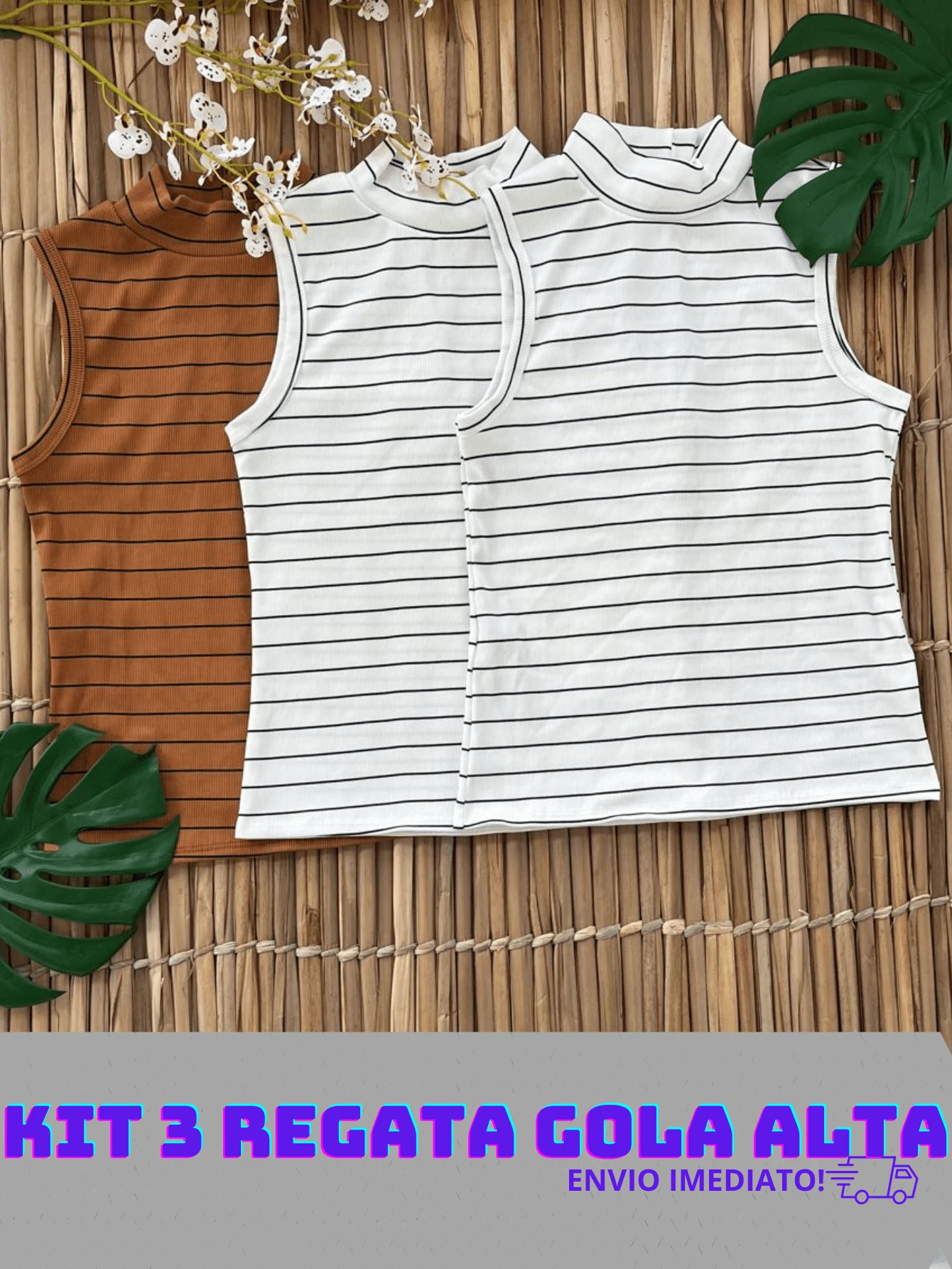 Kit 3 Women's Ribbed Tank Top High Neck Basic Blouse Casual T-Shirt Gringa Fashion - 2白色/1棕色 - 查看 1