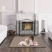 3-Panel Fireplace Screen, Folding Spark Guard With Exquisite Pattern For Baby & Pets, Freestanding Fence For Wood Burner, Open Fire, No Assembly Required, Black - Black - View 3
