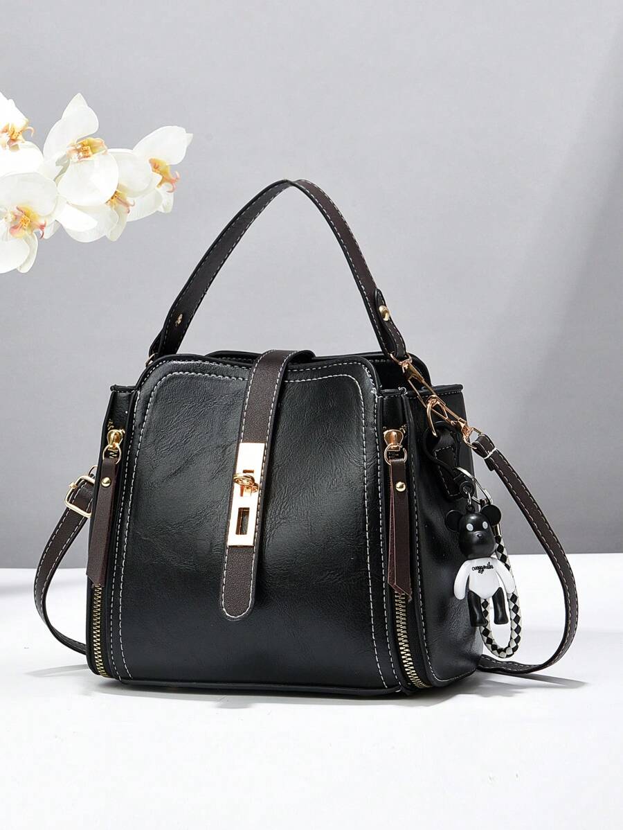 PLANEE 1 件时尚简约 PU 手提包带锁扣，适合日常使用，可肩背、斜挎或手提，配有吊饰，复古压花可拆卸肩带水桶包 - 黑色 - 查看 1